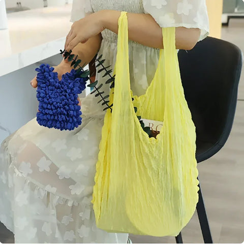 Expansion Fold Pleated Flexible Stretch Mini Bag Large Capacity Bubble Elastic Portable Shopping Handbag Tote